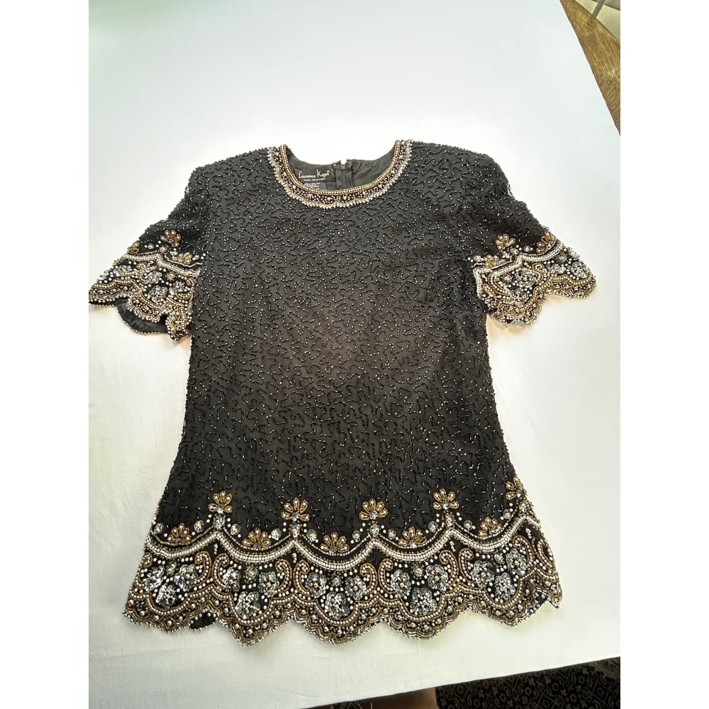 Laurence Kazar Beaded Blouse Womens Medium Black Silk Scalloped Evening Top